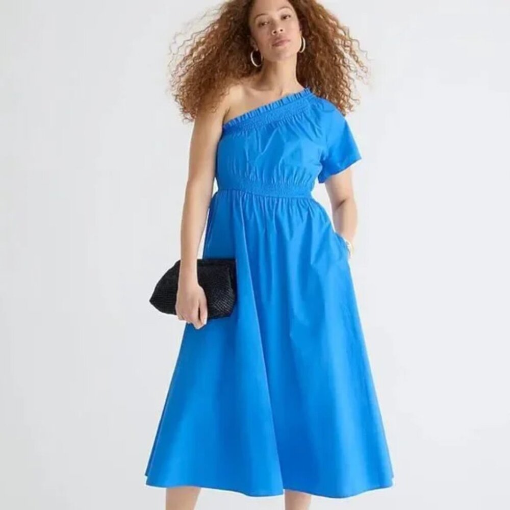 J. Crew Smocked One Shoulder Cotton Poplin Sail Blue Midi Dress